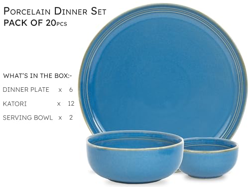 Image of Bodhi House Handcrafted Chip Resistant Porcelain Dinner Set, 20 Pieces Dish Set Serving for 6, Microwave and Dishwasher Safe, Bone-ash Free, Crockery Set for Dining and Gifting, Mid Blue
