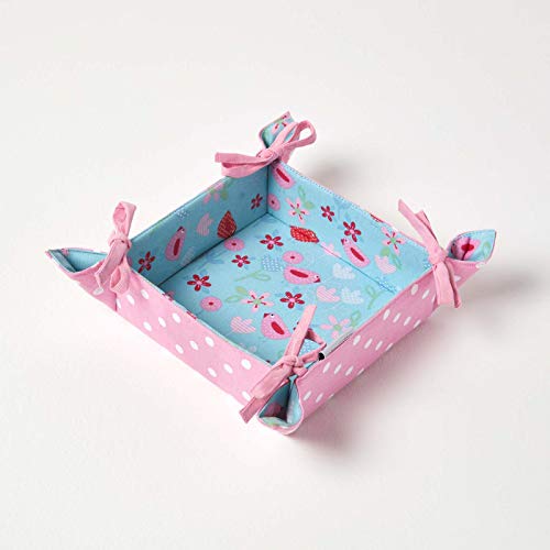 Image of HOMESCAPES Reversible Bread Basket Double Design Fabric Birds & Flowers Foldable Basket for Buns Eggs Baked Goods 100% Cotton Cover