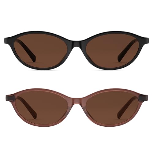 Retro Oval Polarized Sunglasses for Womens:Men Cat Eye Trendy Sunglasses Sunnies Lightweight UV Protection(Tea+BlackTea,53mm)