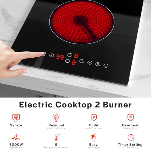 Image of Empava 2 Burner Electric infrared Cooktop, 3000W Built in Electrical Stove Top for Kitchen, 208~240V Hard Wired, No Plug, ETL Certified, Black