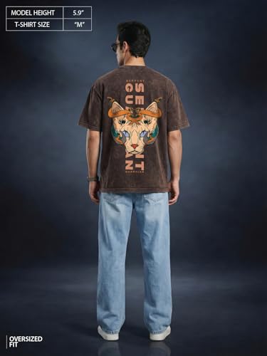 Image of Veirdo Heavy GSM Pure Cotton Men's Graphic Print Oversized Fit Half Sleeve Round Neck Cotton Acid Wash Print T-Shirt in Different Colors with Sizes ranging from S to 2XL.