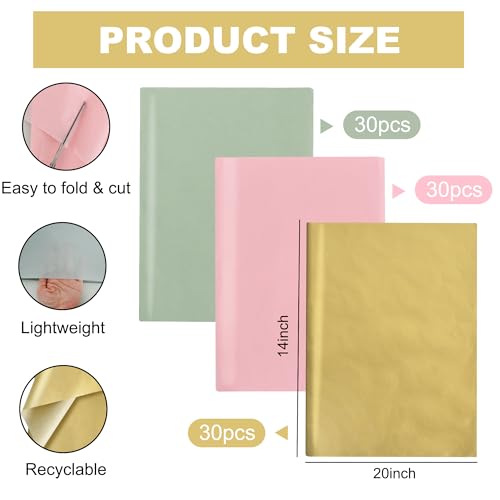 Image of BEISHIDA 90 Sheets Sage Green Pink Gold Tissue Paper Bulk, Wrapping Tissue Paper for Gift Bags, 14 x 20 Inch Gift Wrap for Wedding Birthday Christmas Party DIY Crafts Decor Holiday Flowers