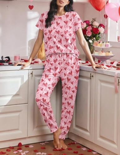 Image of Ekouaer 2 pack Womens Pajama Short Sleeve Jogger Pants Pjs Lounge Set | Pajama Sets with Pockets Comfy Sleepwear for Daily Wear, Sleep, Home, Sport, Workout
