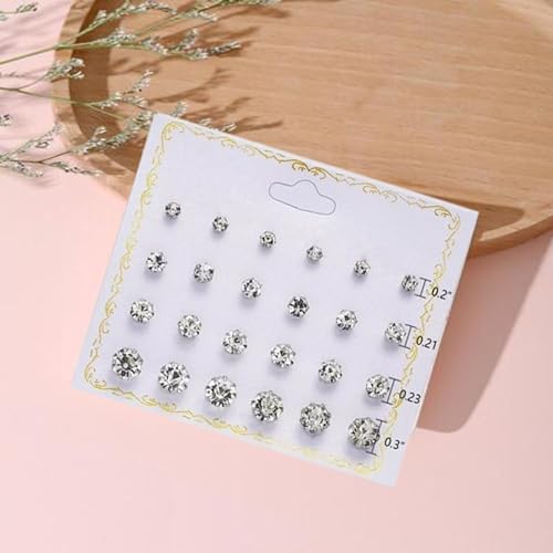 Image of Earring Set for Women and Girls Artifical Jewelry Silver Color Round Crystal Zirconia Stud Earring for Ear-tops /Kaan Ke top Earring for Birthday & Anniversary Gift pack of 12pairs