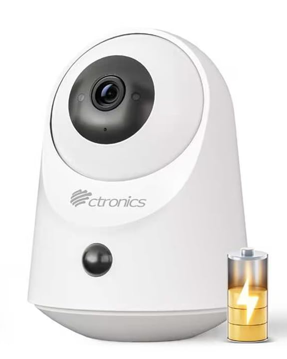 Ctronics 2K Indoor Surveillance Camera with Battery, 5G/2.4G WiFi, 5200mAh Battery, IR Night Vision 20m, PC/App, 128GB/Cloud, PIR Detection, 360° PTZ, Two-Way Audio