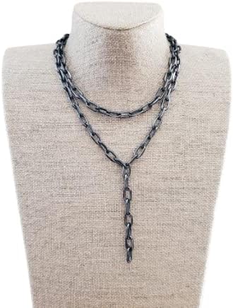 Gunmetal Paperclip Chain Necklace Lariat Double Layered Thick Black