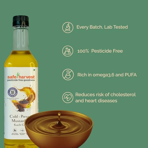 Image of Safe Harvest Pesticide Free Wood Cold Pressed Mustard Oil /Kolhu, High Pungency, Rich in Omega 3 and 6 (Pack of 3)