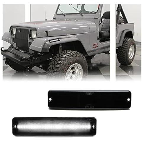 GSOWO 2 PCS White LED Side Marker Light for for Jeep Wrangler YJ 1987-1995, Smoked Lens Front Turn Signal Indicator, Left/Right Side Fender Sidemarker Lamps Cover