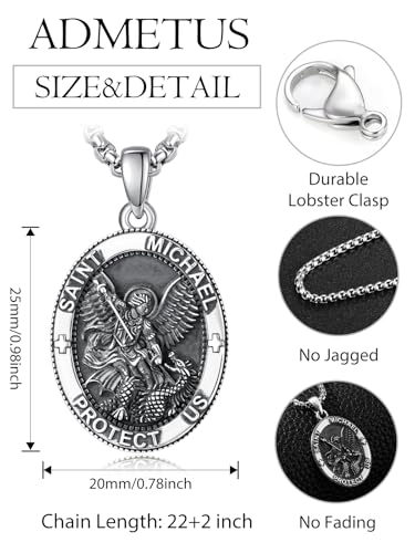 ADMETUS Sterling Silver Saint St Michael The Archangel Necklace Mens Amult Pendant Medal Protection Jewelry Religious Gifts for Men2
