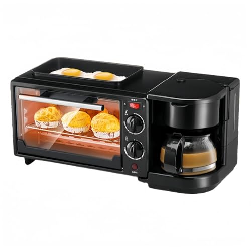 Guyyelt 小型朝食マシン、朝食マシンオーブンコーヒーマシン、3 in 1 多機能トースター、110V 温度調節機能 コーヒーマシン付き 上下ヒーター タイマー機能付き 朝食と昼食 グリル調理 家庭用 サンドイッチ、トースト