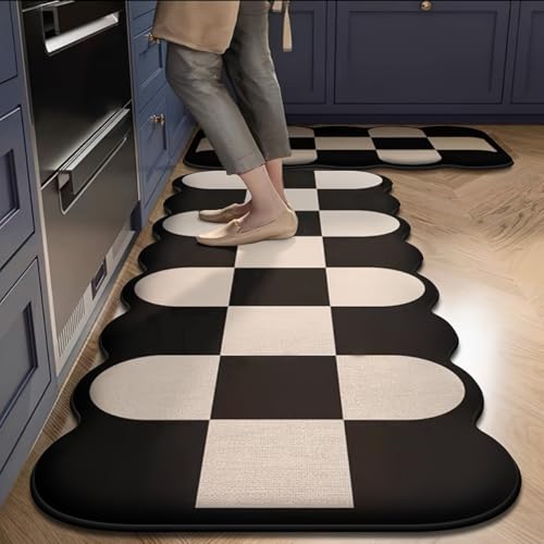 キッチンマット 拭ける 洗濯いらず 低反発クッション 厚さ12mm フランネルブラックとホワイトのチェック柄 滑り止め 台所 マット 撥水 防汚 吸水 (45x80cm, グリッド)