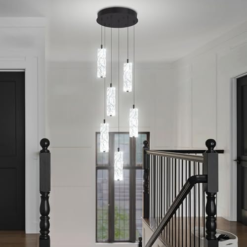 ykolupty Modern Pendant Light for Stairwell LED Dimmable Black Pendant Chandelier Crystal Pendant Light for Kitchen Island Stairwell Foyer Dining Room