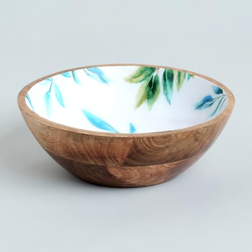 Image of SAAGA Printed Mango Wood Mixing Bowl | 8 x 2.5 Inch Large Wooden Serving Bowl for Salads, Fruits, Snacks, Curries & Desserts | Handcrafted Kitchen & Dining Bowl | White & Aquamarine