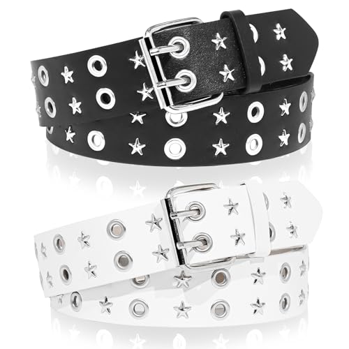 2 Pcs Black Studded Belt, Y2K Belt Star Goth EMO Punk Rock Double Grommet with Bright Pyramid Studded for Women Men (Star Grommet)