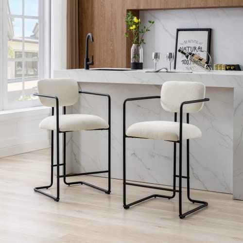 Quinjay 26'' Modern Counter Height Bar Stools Set Of 4, White Fabric Upholstered Counter Stools With Comfy Back, High Dining Chair With Footrests Kitchen Island Chairs For Dining Room Home Bar Bistro #TOP1