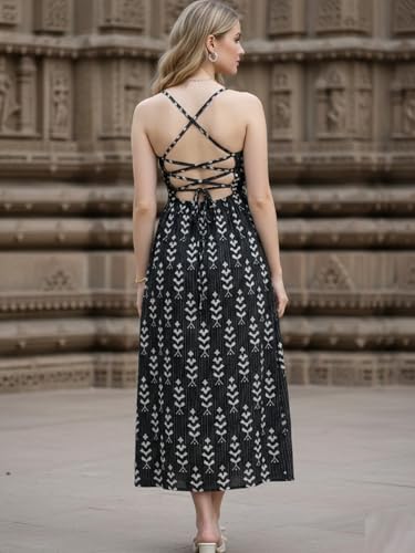 Image of Aahwan White Printed Round Neck Sleeveless Backless Long Indo Western Fusion Dress for Women's & Girl's