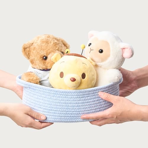 Image of 2-Pack Small Woven Gift Baskets Empty with Bags & Ribbons - Gifts for Father's Day, Baby Shower, Birthdays & Raffle - Cotton Rope Storage Basket for Dog Toys or Shelf - 12 inchx8 inchx5 inch, Light Blue