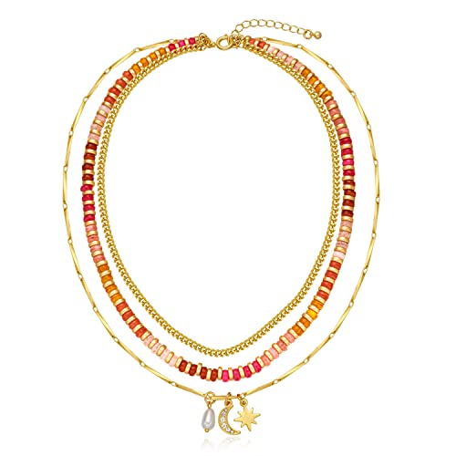 Classyzint 3Pcs Multi Strand Layered Choker Necklace For Women Matte Gold Curb And Melon Seed Chain Colored Resin Disc Beads Strand Star Sun And Moon Pendant Necklaces #TOP11