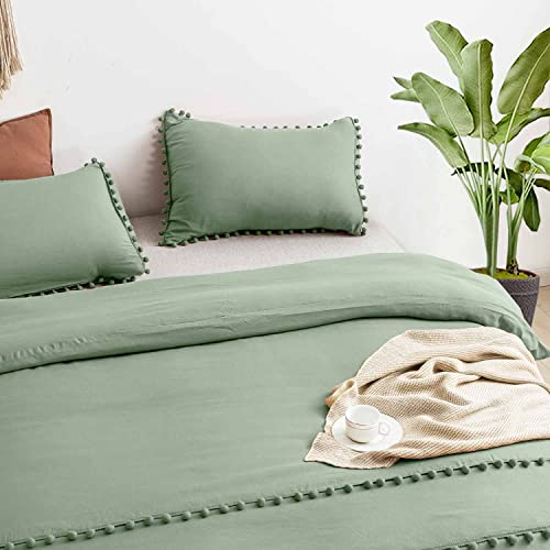 Etdiffe Sage Green Duvet Cover Full Size, 3Pc Boho Pom Microfiber Comforter Cover Set, Bohemian Farmhouse Soft And Lightweight Quilt Cover For Teen Girls Women… #TOP3