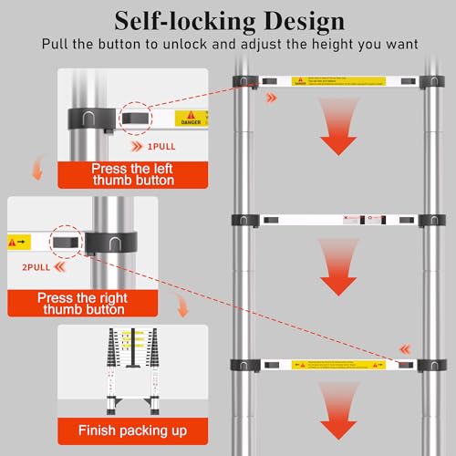 Image of Telescoping Ladder, 12.5 FT Aluminum Extendable Ladder, 330 Lbs, Silver | Telescopic & Retractable, Collapsible Extension Ladder for House, Roof, RV & Travel Trailer