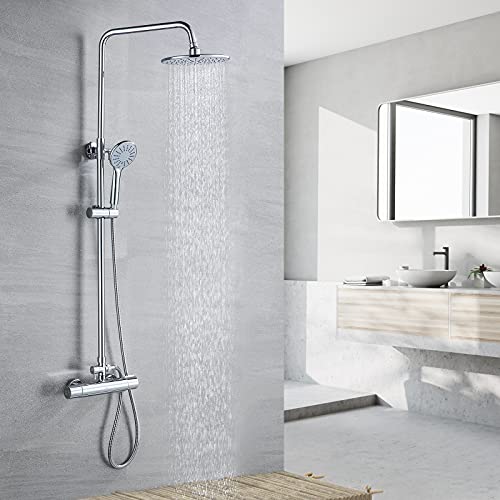 Colonne de Douche, Auralum Colonne de Douche avec Mitigeur Thermostatique, Mitigeur Douche avec 9' Douche de Tête et Pommeau à Main 3 Jets, Chrome