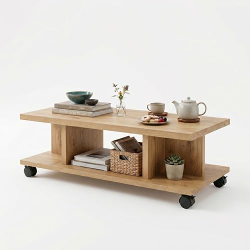 Image of FFO T Shape Center Table with Wheels | 80x50x45 cm Wooden Coffee Table | Modern Living Room Tea Table with Storage Shelf | Engineered Wood Center Table for Home & Office (Oak Finish)