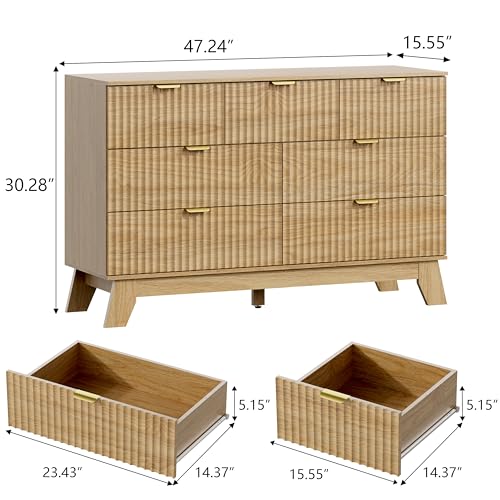 Image of Wodeer 7 Drawer Fluted Dresser for Bedroom, Mid Century Modern Wooden Dresser with 7 Drawers, Dressers & Chests of Drawers with Metal Handle, TV Stand & Storage Organizer for Entryway, Hallway, Oak