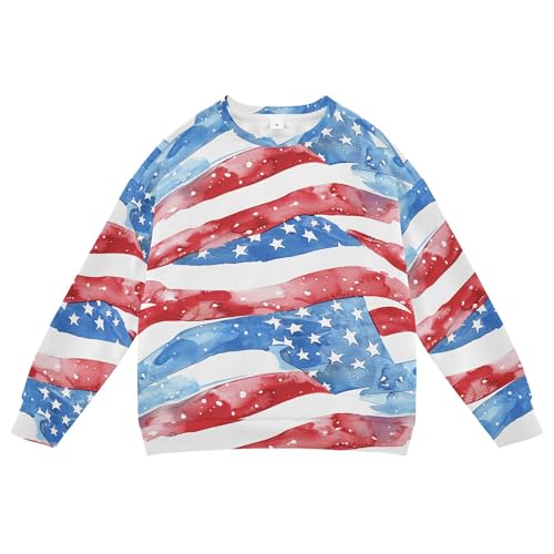 Watercolor 4th July Stars Red Blue Strips Little Kids Hooded Sweatshirt Long Sleeve Boys Sweat Shirt Sports 4T