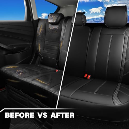 Image of CAR PASS Luxury Faux Leather Back Rear Seat Covers, Waterproof Anti Slip Carbon Fiber Seat Bench Cushion Breathable Sporty Backseat Row Protector Universal Fit for Sedans SUVs Vans Trucks,Solid Black