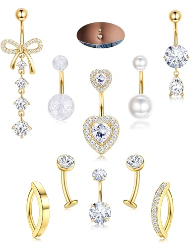 JeryWe Hypoallergenic Belly Button Ring Surgical Stainless Steel Dainty Dangle Navel Piercing Jewelry CZ Bow Heart Ball Pearl Clicker Piercings for Women