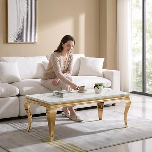 Image of Luxury Coffee Table Set of 2, Rectangular Coffee Table with End Side Table, Modern 2 Piece Living Room Table Set with Faux Marble Top & Gold Stainless Steel S Legs for Apartment Home Office