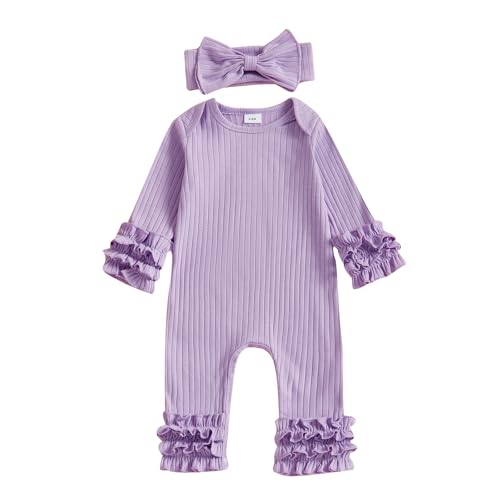 Image of Ursobutegl Newborn Baby Girl Clothes Jumpsuit Ruffle Romper Bodysuit Pants Headband One-Piece Coming Home Hospital Outfits