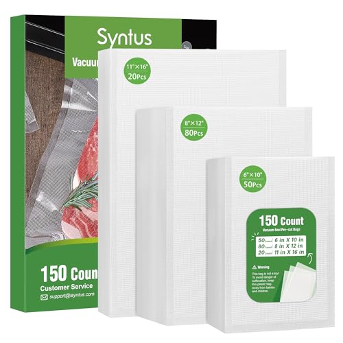Image of Syntus 150 Count Vacuum Sealer Bags, 20 Gallon 11 inch x 16 inch and 80 Quart 8 inch x 12 inch and 50 Pint 6 inch x 10 inch for Seal a Meal, BPA Free Heavy Duty Precut Bags, Food Vac Bags for Storage, Meal Prep or Sous Vide