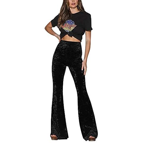 HUAZONG Black Velvet Trousers Women,Ladies Elasticated Wide Flare Leg High Waist Long Loose Velvet Pants (Black, M) Cover
