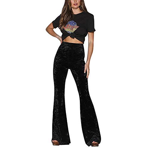 Pantalones acampanados de terciopelo dorado de cintura alta vintage para mujer, pantalones largos acampanados de pierna ancha, ropa de fiesta de noche, Negro, S