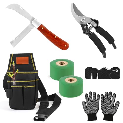 Coltello da Innesto, Cesoie per Giardino Kit Utensili per Innesto con Membrana Innestata Guanti da Giardinaggio, Forbice per Innesti e Potatura, Garden Grafting Tool per Alberi da Frutto/Pianta/Ramo