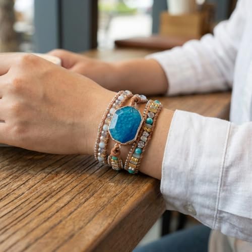 Image of YGLINE Natural Stone Beaded Healing Wax String 5 Wraps Bracelets
