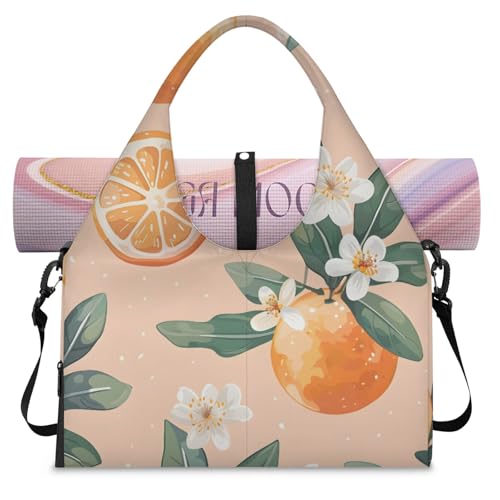 Yoga Tote Bag for Women Orange Flower Beach Bag with Shoe Storage & Yoga Mat Strap Waterproof Weekender Duffle Bag for Travel Fitness Weekend Trips