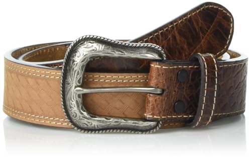 Men's G-BAR-D Genuine leather belt with basket weave embossed strap and croco embossed leather end tabs, brown