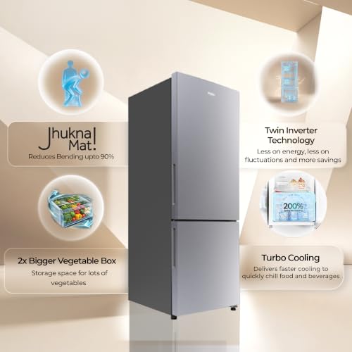 Image of Haier 237 L 2 Star Frost Free Twin Inverter Double Door Bottom Mount Refrigerator with Extra Spacious 2X Veg Box (HEB-242EGSA-P, Moon Silver, 2026 Model)