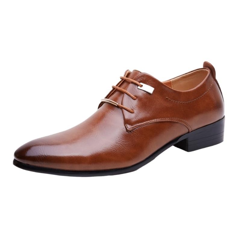 Mens Pointed Toe Leather Dress Shoes Vintage Lace Up Height Increase Anti Slip Oxfords