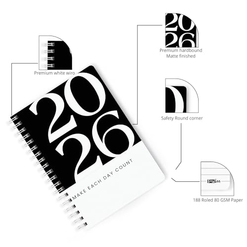 Image of PAPBOO A5 Handy, Hardcover, Hardbound 2025 Diary with Calendar, Easy to Carry White Spiral Wiro Notebook: 80 GSM Paper, Ruled, 188 Pages, Journal, Diary, Gift (Black)