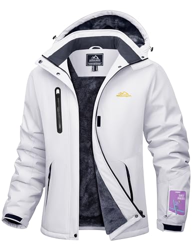 MAGCOMSEN White Winter Jackets for Women Rain Ski Coat Waterproof Insulated Warm Hoodies Fleece Lined Softshell Jacket M
