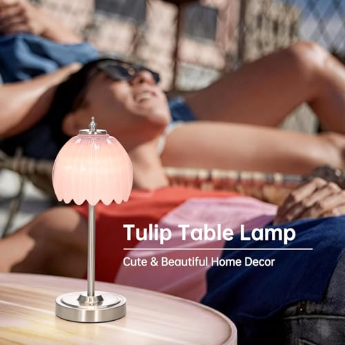 Image of Shenmoyl Rechargeable Table Lamp with 5200mAh Battery & Touch Control - 3 Adjustable Color Temperatures, Cordless Dimmable Table Light for Bedroom, Office Desk, Nightstand (Creamy Pink,Silver Base)