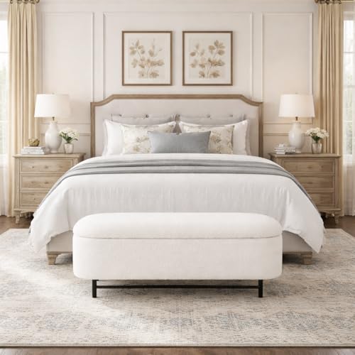 Image of HomePop 46 inch Ellipse Storage Bench with Metal Legs - Cream Boucle