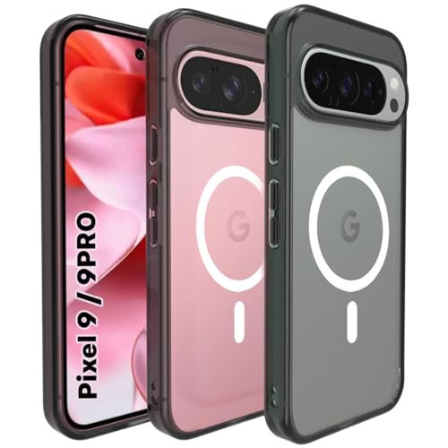 Image of RIGGEAR Shockproof Clear Hybrid Armor Back Cover Case Compatible with MagSafe Accessories for Google Pixel 9 / Pixel 9 Pro (Transparent PC + Clear Black Bumper)(White MagRing)