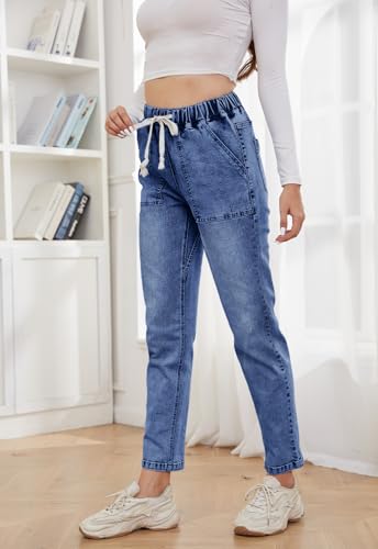 Womens Pull-on Jeans Stretch High Waisted Elastic Waist Jeans for Women Denim Joggers Pants3