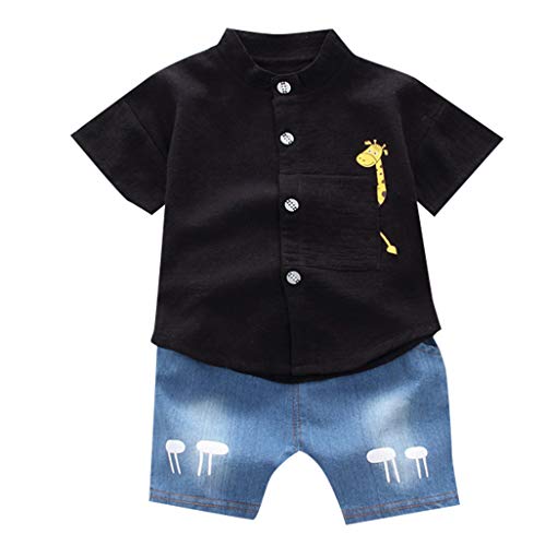 for 0-3 T Little Kids Baby Boys Girls Clothes Set Summer Cartoon Giraffe Short Sleeve T-Shirt Tops and Denim Shorts 2pcs Outfits (Black, 18-24 Months)