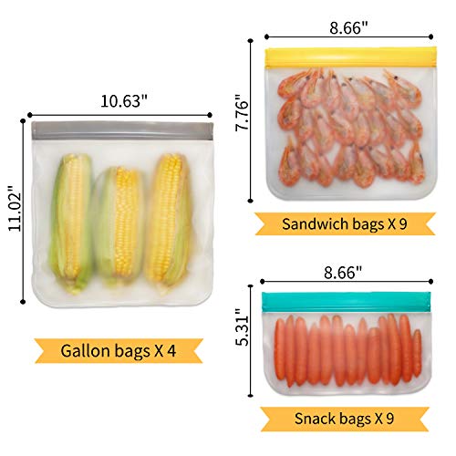 Jagrom 22 Pack Reusable Storage Bags 4 Gallon & 9 Sandwich Lunch Bags & 9 Small Kids Snack Bags For Food, EXTRA THICK Leak Proof Reusable Food Bags, Freezer Bags, Reusable Zipper Bags, BPA FREE