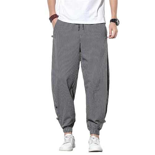 USTZFTBCL Men's Spring Chinese Style Striped Frog Buttons Loose Jogger Casual Long Pants